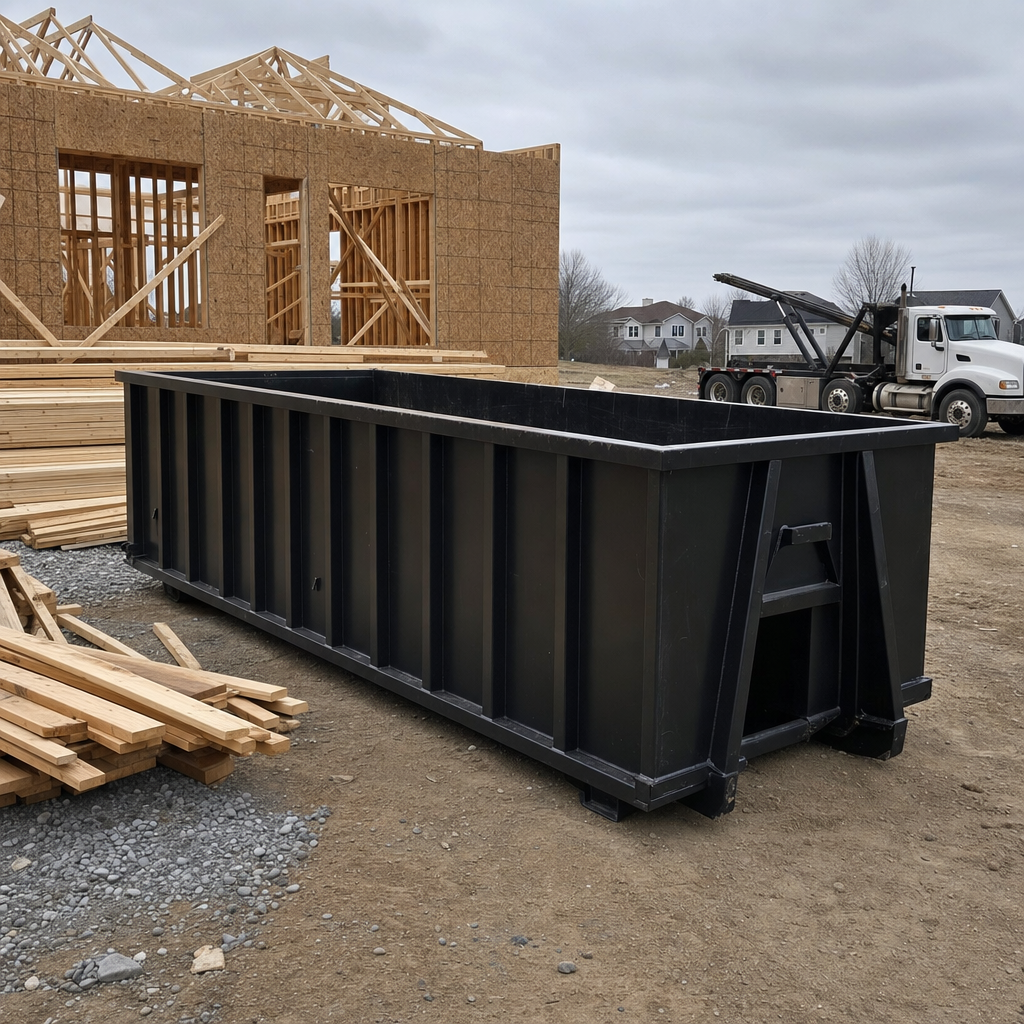 Matte-black 40-yard roll-off dumpster staged on a framed-out residential construction site in Southgate, framing lumber stacked nearby, hooklift delivery truck visible in the background under bright Colorado daylight