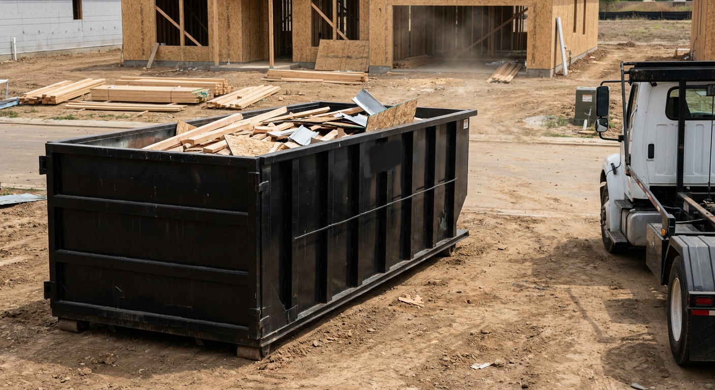 Matte-black 20-yard roll-off construction dumpster with heavy ribbed steel sidewalls and swing rear doors at a working jobsite in Southgate, sitting directly on compacted dirt with an unmarked white hauler partially visible at the far edge of the frame.