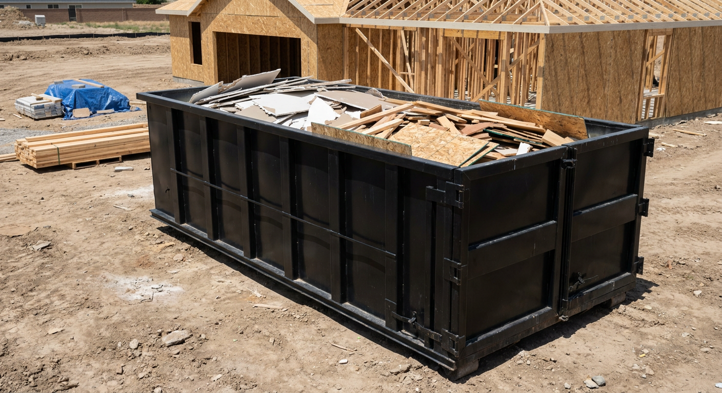 Matte-black 30-yard roll-off construction dumpster sitting directly on the compacted-dirt site of a framed single-family home build in Southgate, drywall and lumber scrap loaded inside.