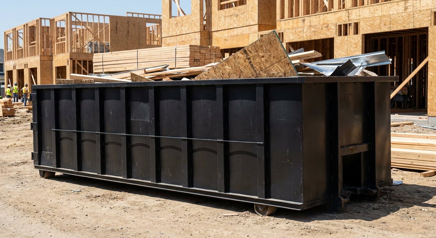 Matte-black 40-yard roll-off construction dumpster being lowered from a white-cab hooklift delivery truck onto the compacted-dirt jobsite at a commercial build site in Southgate
