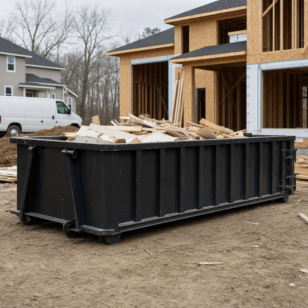 Worker in a yellow high-visibility vest tossing framing lumber and broken drywall into a matte-black 30-yard construction roll-off dumpster on an active build site in Southgate, bright daylight