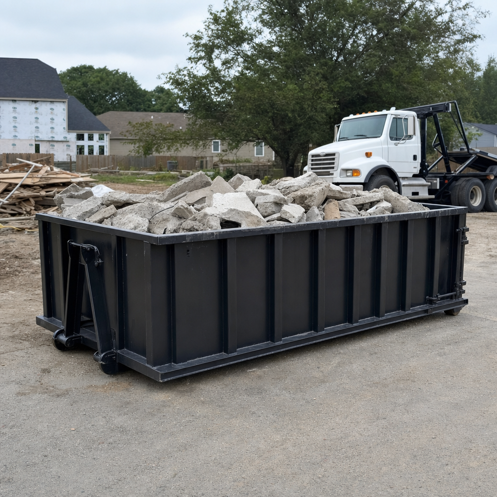 Low-profile matte-black lowboy roll-off dumpster loaded with broken concrete slab and rebar at a foundation tear-out in Southgate, skid steer parked beside it, sunny Colorado morning