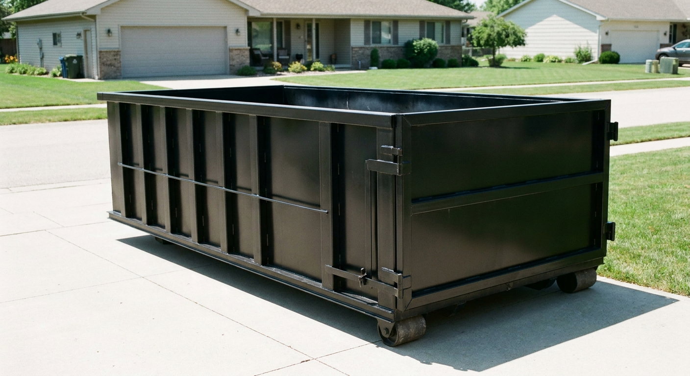 Matte-black 10-yard roll-off dumpster on a residential concrete driveway in Southgate, uniformly painted matte black across every panel and rail, ribbed steel sidewalls and rear swing door visible, mid-day daylight.