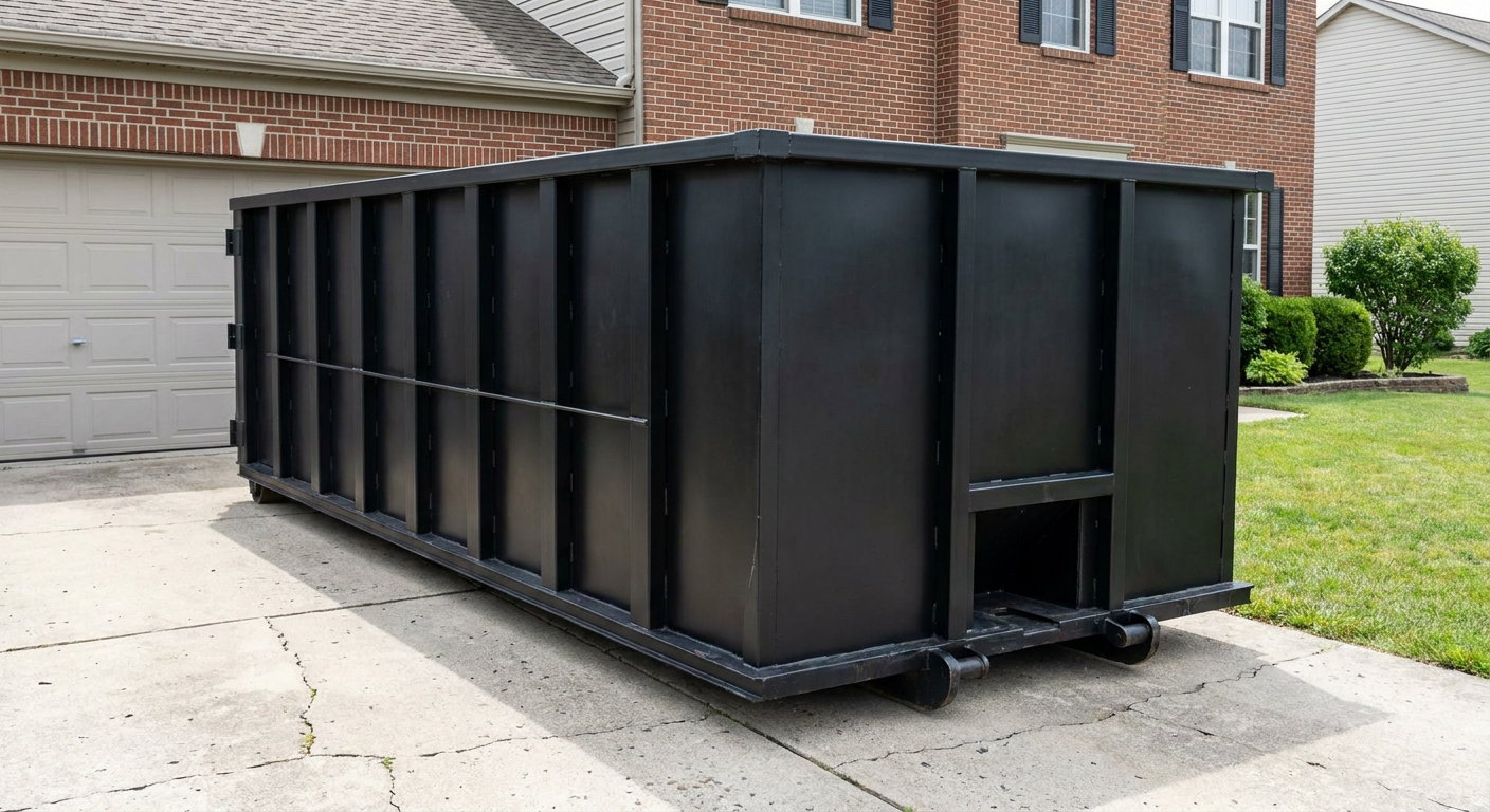 Matte-black 20-yard roll-off container on a Southgate residential concrete driveway with reinforced ribbed steel sidewalls and a hinged rear walk-in door, clean bright daylight.