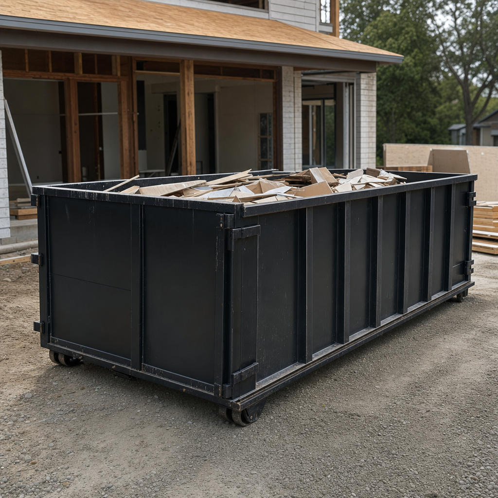Large matte-black 30-yard construction roll-off dumpster at an active Southgate jobsite, steel-gray top rails and bottom rollers visible, loaded with construction debris.