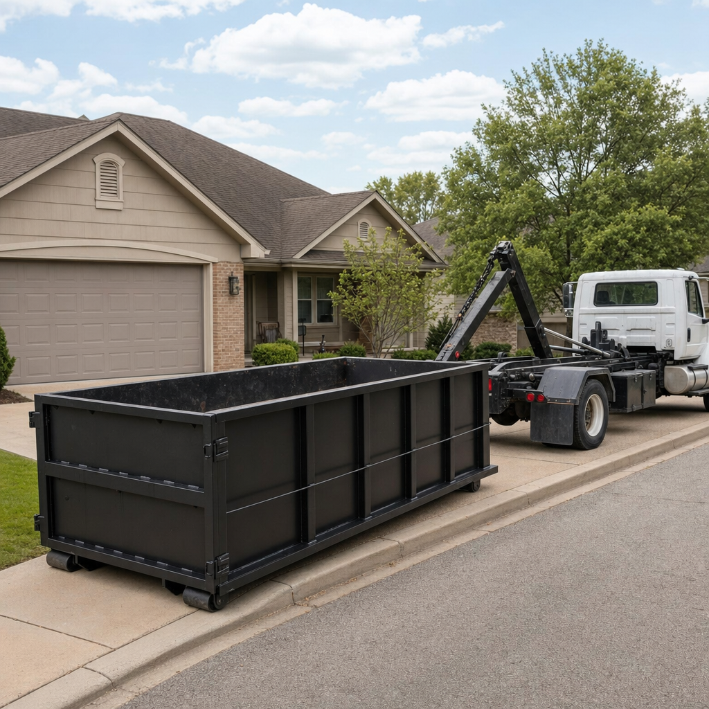 Wide documentary shot of a matte-black roll-off dumpster on a Southgate residential driveway in the foreground and a contractor jobsite container in the soft-focus background, bright daylight, calm and orderly composition.