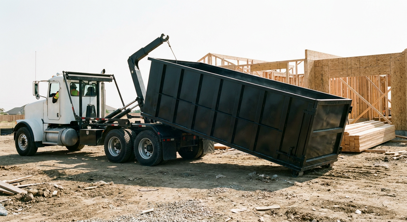 Matte-black roll-off dumpster being delivered onto a clean residential concrete driveway in Southgate by an unmarked white hooklift hauler truck, bright morning daylight, documentary 35mm perspective.