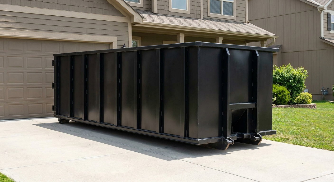 Matte-black residential roll-off dumpster sitting directly on a suburban Southgate concrete driveway, garage door closed, single-family home in background, bright morning daylight.