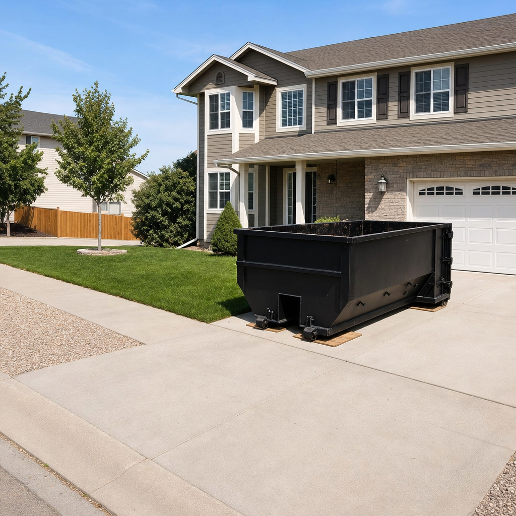 10-yard matte-black residential dumpster placed directly on a narrow Southgate concrete driveway, room remains for a parked sedan beside it, mid-morning natural light