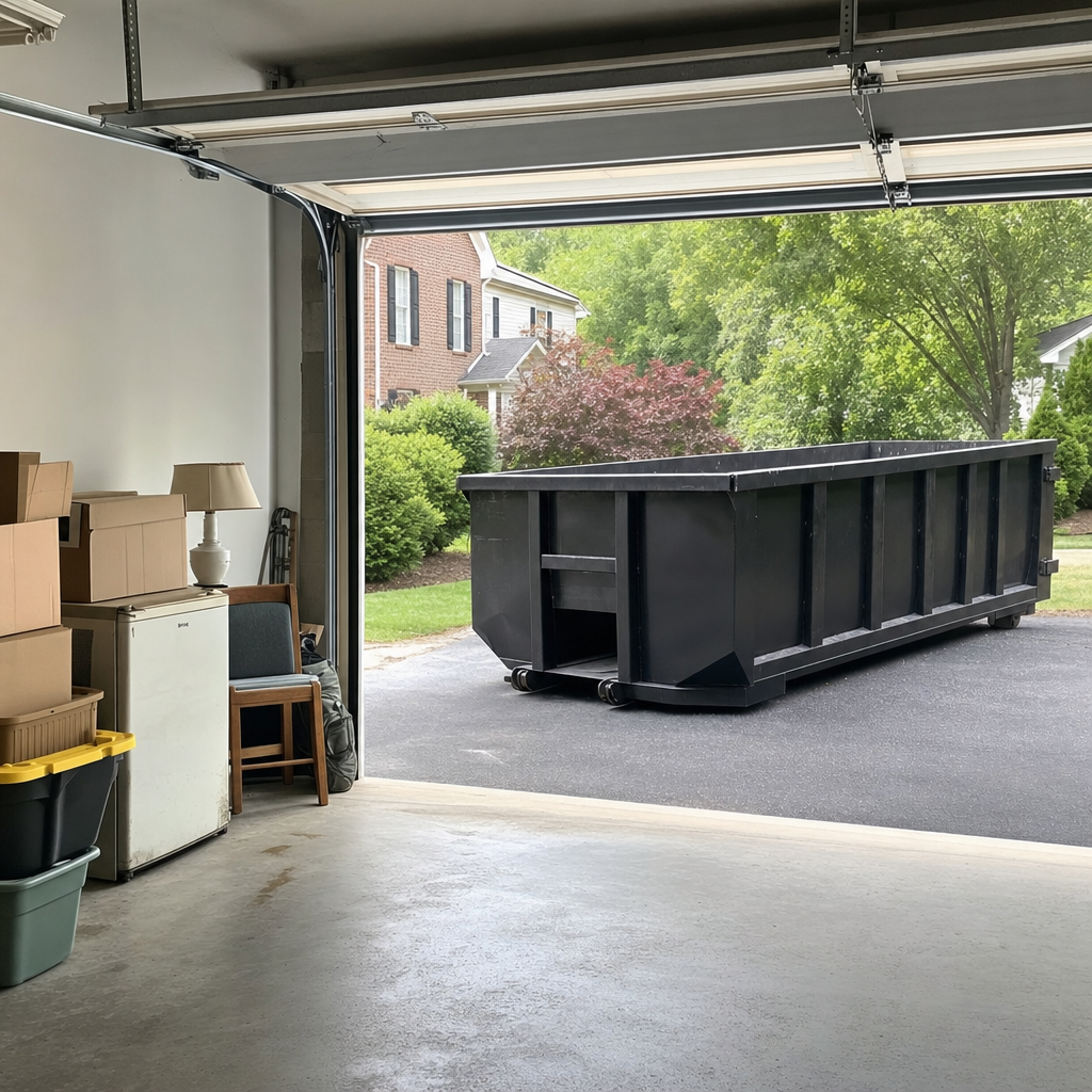 Open garage interior in a Southgate home mid-cleanout — boxed items, an old appliance, and stacked yard tools queued near the driveway for a matte-black roll-off dumpster, organized and calm