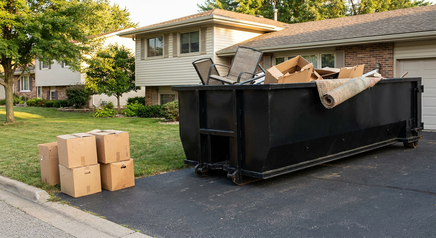 Front-yard view of a Southgate split-level home with a 20-yard matte-black roll-off dumpster sitting directly on the asphalt driveway, a few clearly labeled donation boxes staged at the curb, calm sunny afternoon.