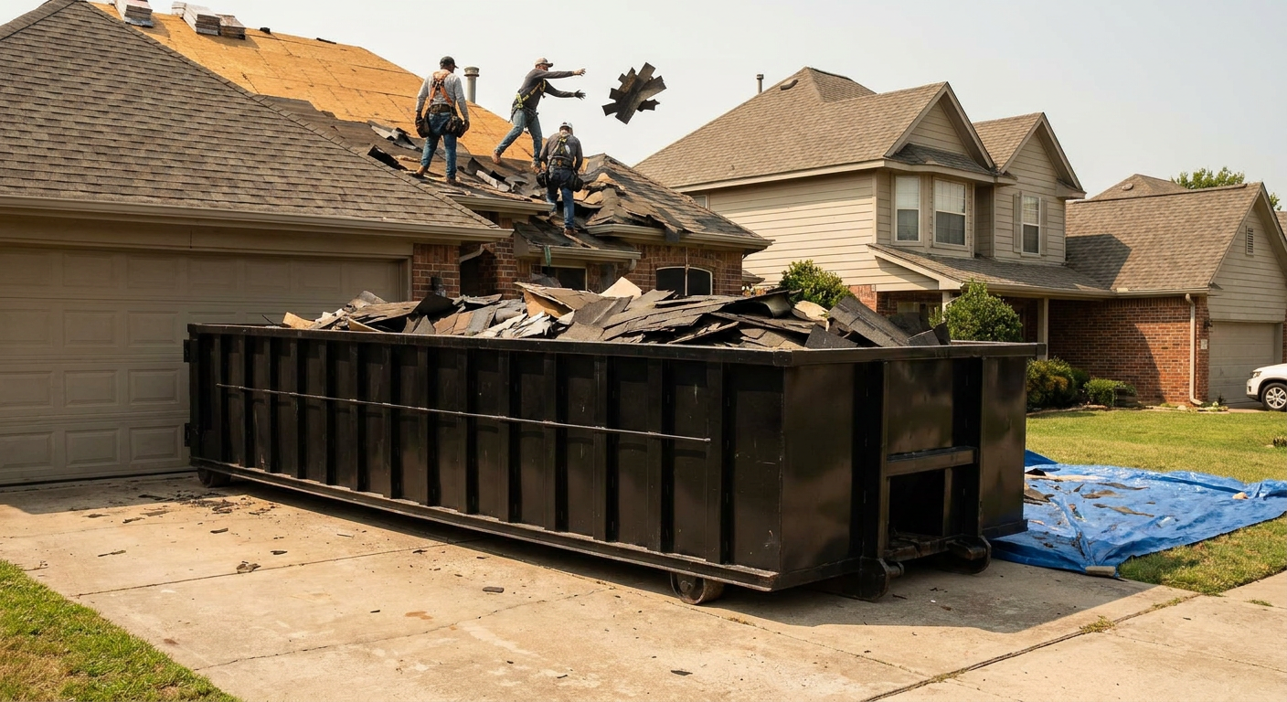 Matte-black roofing roll-off dumpster placed directly on a Southgate residential concrete driveway, a tear-off crew on a two-story asphalt-shingle roof tossing shingle bundles into the low-walled container, bright daylight, documentary 35mm perspective.