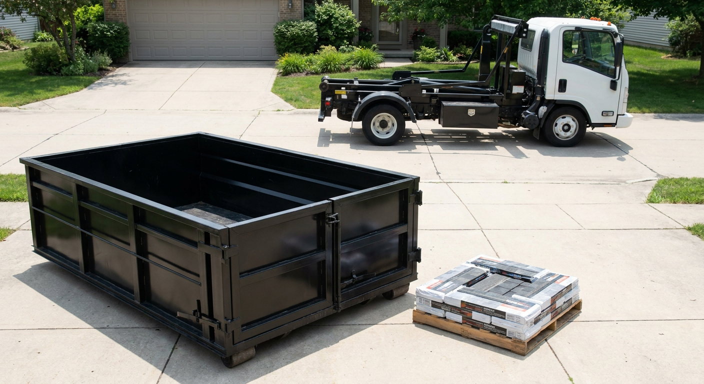 Matte-black 15-yard roofing roll-off dumpster with reinforced low side walls sitting directly on a Southgate residential concrete driveway, three-tab asphalt shingle bundles stacked nearby, an unmarked white hauler truck partially visible at the edge of the frame.