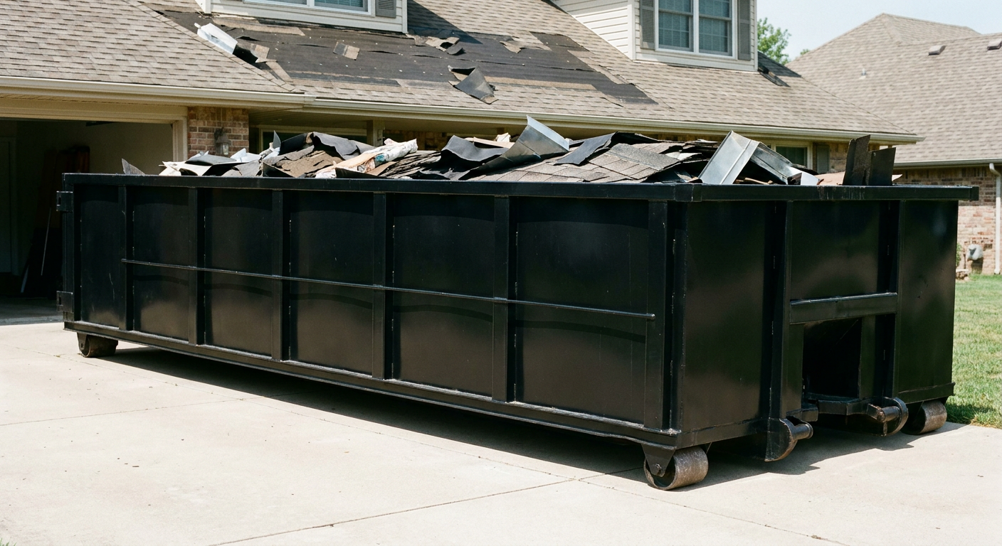 Matte-black 20-yard roofing roll-off dumpster with steel ribbed sides and swinging rear door, sitting directly on the concrete driveway of a two-story Southgate home, asphalt shingle debris being loaded over the low wall, clean documentary lighting.