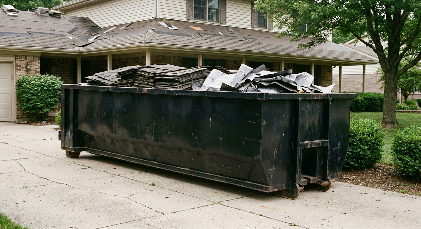 Matte-black 30-yard roofing roll-off dumpster sitting directly on a Southgate concrete driveway, taller ribbed steel side panels, mixed tear-off debris of asphalt shingles and underlayment inside, professional documentary daylight.