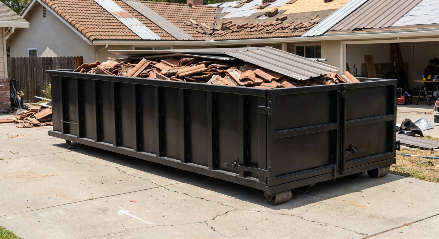 Matte-black low-wall heavy-debris roofing roll-off dumpster sitting directly on a Southgate concrete driveway, broken concrete clay roof tiles and metal panel sections loaded inside, reinforced ribbed steel side walls visible, bright outdoor daylight.