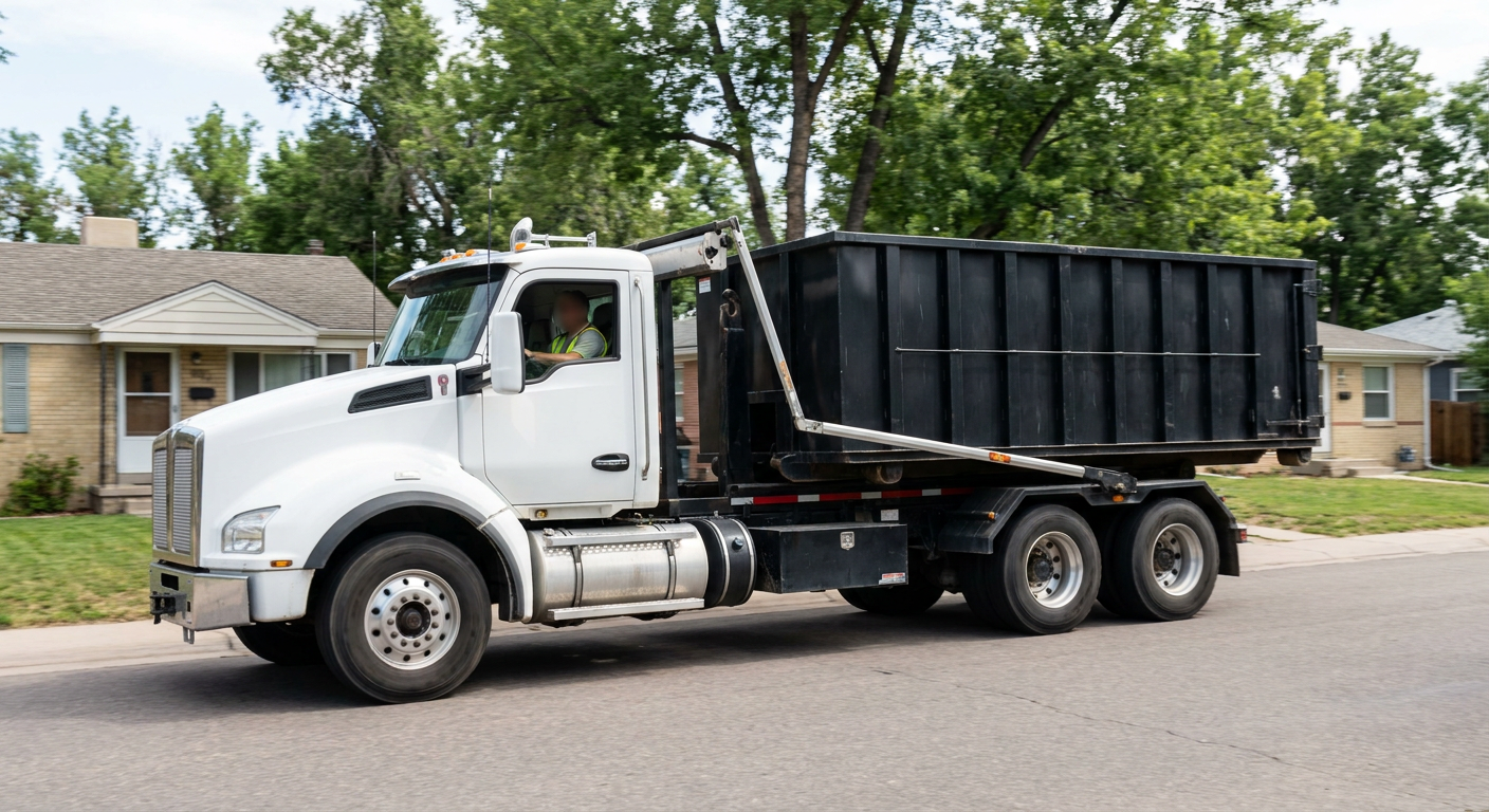 A wide documentary shot of a matte-black roll-off delivery truck pulling onto a quiet Southgate residential street at mid-morning, with neighborhood rooftops and tree-lined blocks visible behind, showing the metro coverage footprint.