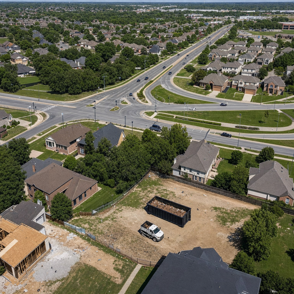 An overhead documentary view of the Southgate metro area at midday, showing the spread of neighborhoods, arterial roads, and the dispatch radius from a central yard — clean daylight, organized geographic layout.