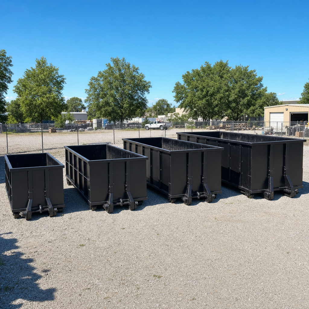 A clean lineup of matte-black roll-off dumpsters in 10, 20, 30, and 40-yard sizes staged on a sunlit gravel yard in Southgate, showing the size progression from compact to commercial-scale containers.