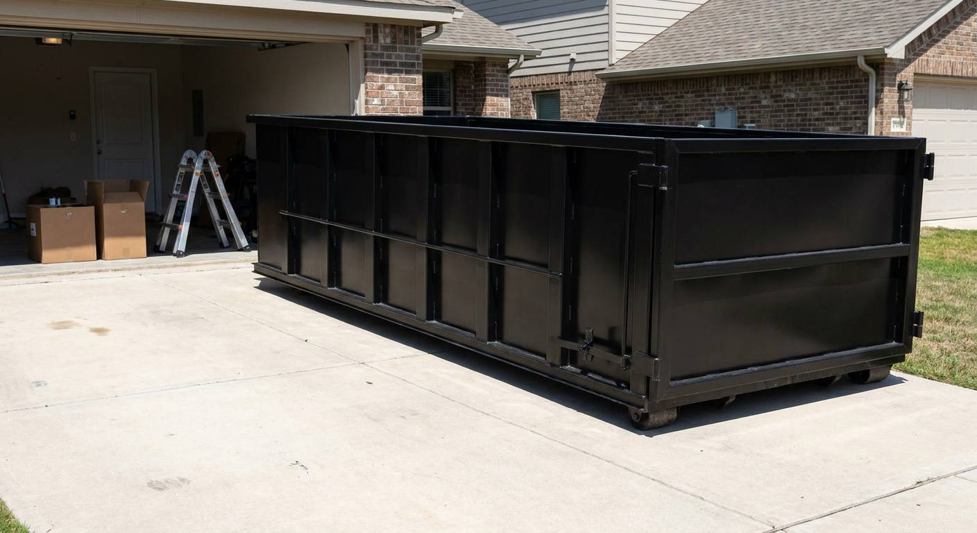 A matte-black 10-yard roll-off dumpster sitting directly on a residential Southgate concrete driveway, mid-day sunlight, clean and ready for a garage cleanout.