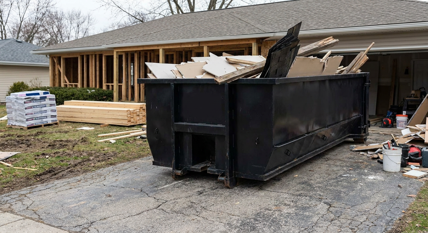 A matte-black 20-yard roll-off dumpster placed alongside a mid-renovation Southgate home directly on the asphalt driveway, with framing materials and torn-off shingles staged neatly nearby.