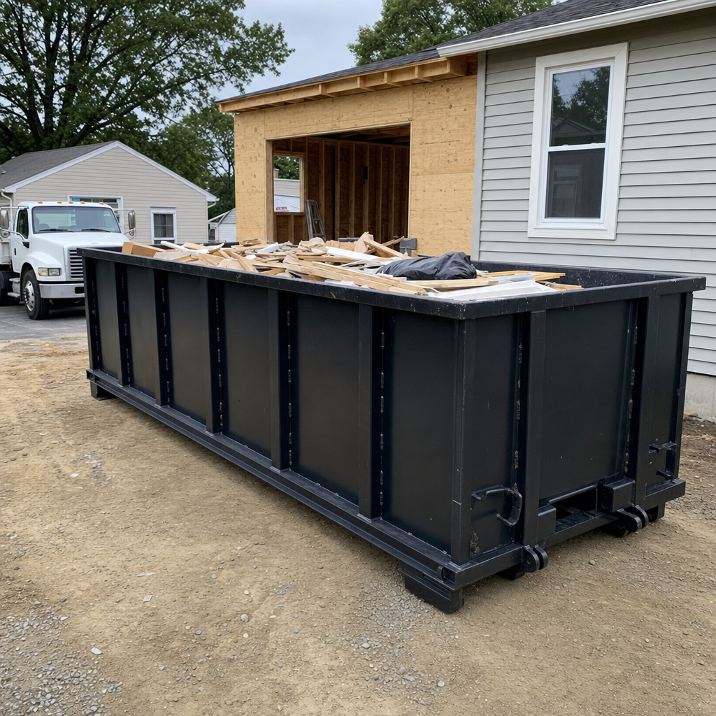 A matte-black 30-yard roll-off dumpster positioned at a Southgate residential addition jobsite, with framing lumber and drywall scraps loaded through the open swinging rear doors.