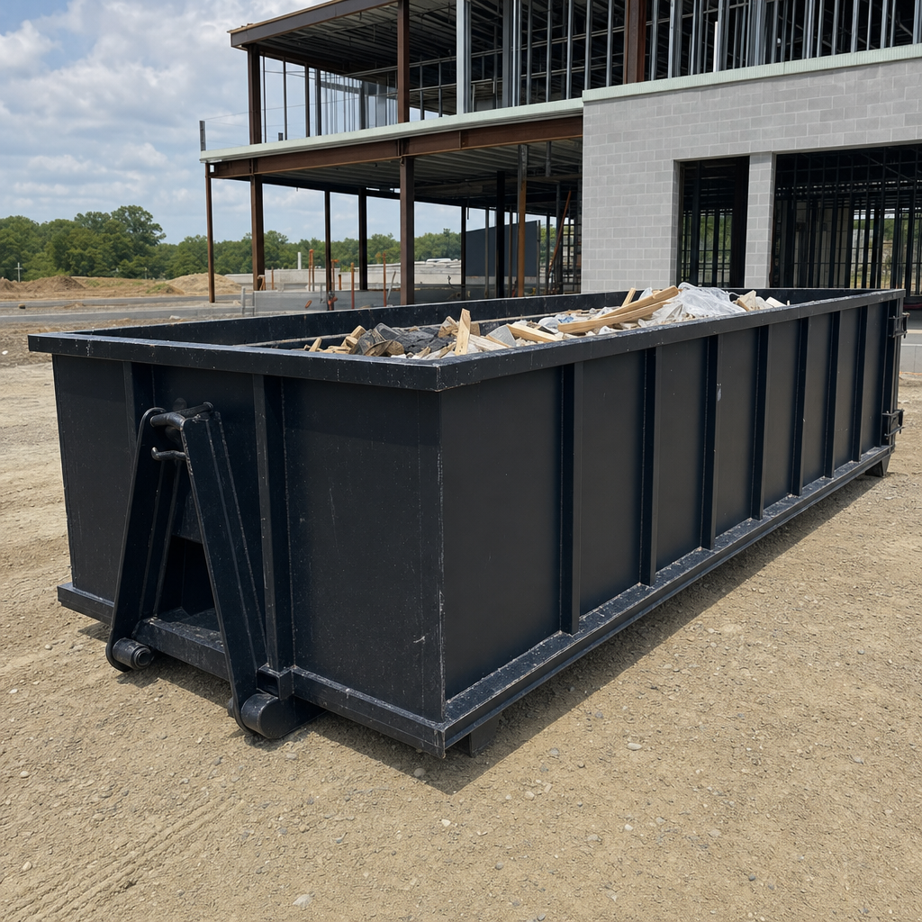 A matte-black 40-yard roll-off dumpster staged on a large Southgate commercial construction lot, with a hooklift delivery truck parked alongside under bright midday sky.