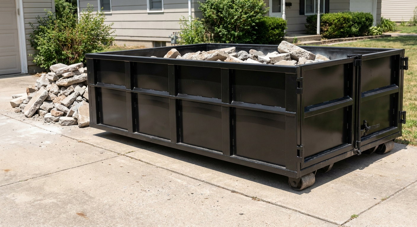 A matte-black low-side heavy-debris roll-off dumpster placed directly on a Southgate concrete driveway, with broken concrete chunks neatly stacked beside it under clean daylight.